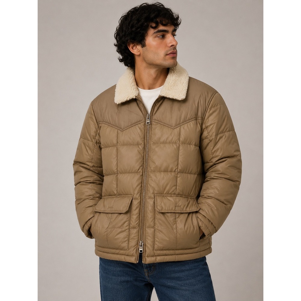 Vtg Pioneer Wear Quilted Puffer Jacket‎ Sherpa Collar Tan Brown Winter Coat |V1